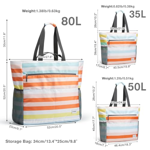 Beach Bag Waterproof Sandproof Large Capacity Foldable for Women (Rainbow / 80L)