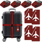 8 Pcs Luggage Straps Suitcase Tags Set for Tsa Approved (Wine Red / Airplane)