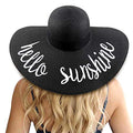 Big Straw Sun Hats for Women Floppy Foldable Roll up Beach Cap Sun Hat UPF 50+ Vacation Honeymoon Embroidered Hat (Ae Hello Sunshine A: Black)