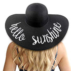 Big Straw Sun Hats for Women Floppy Foldable Roll up Beach Cap Sun Hat UPF 50+ Vacation Honeymoon Embroidered Hat (Ae Hello Sunshine A: Black)