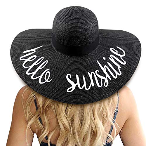 Big Straw Sun Hats for Women Floppy Foldable Roll up Beach Cap Sun Hat UPF 50+ Vacation Honeymoon Embroidered Hat (Ae Hello Sunshine A: Black)