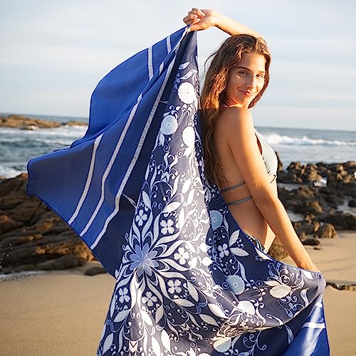 Quick Dry Microfiber Beach Towel (Blue Flower / Extra Large 78x35")