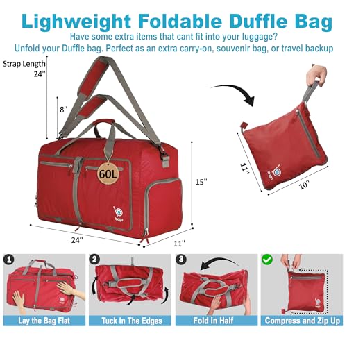 Travel Duffle Bag for Women & Men. Large Duffel Bag for Traveling (60L / Red)