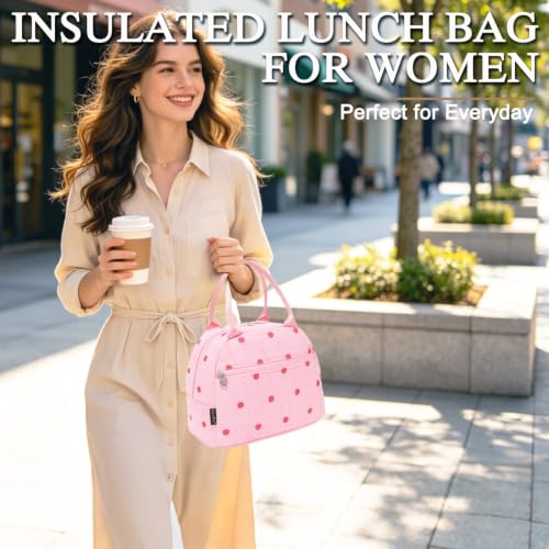 Insulated Lunch Bag for Women (Corduroy Strawberries RoseRed)