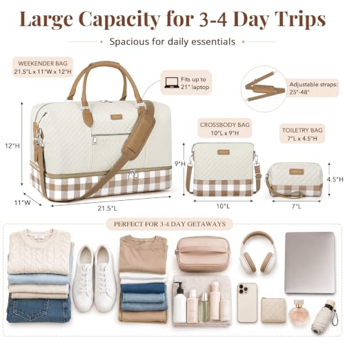 Weekender Bag for Women 21.5" Travel Duffel Large Carry On Bag 3PCS (Large / 8d-Khaki)