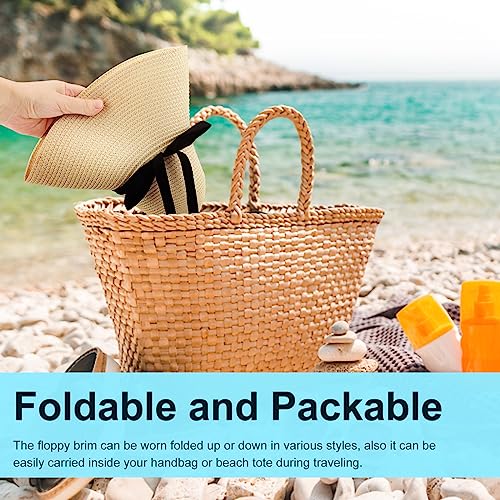 Womens Straw Hat Foldable Wide Brim Floppy Beach Sun Hat for Women Roll up Cap UPF 50+ Adjustable Strap Vacation (Ad Khaki 5.9" Brim, 1 Pack)