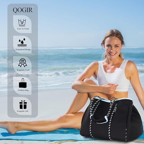 Neoprene Multipurpose Beach Bag Tote with Inner Zipper Pocket (Pure Black / Large)