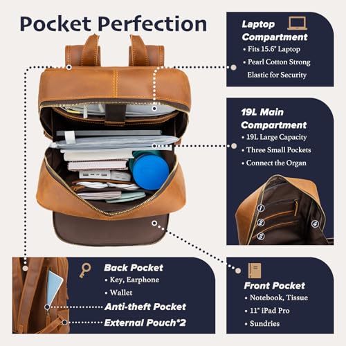 Leather Backpack for Men 15.6" Laptop Backpack 100% Madagascar top (Light Brown)