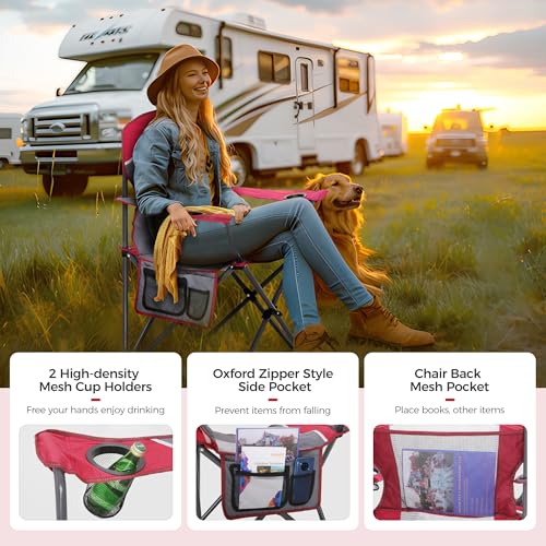 Heavy Duty 400lbs Mesh Back Camping Chairs with Lumbar Support (Red / 2PC)