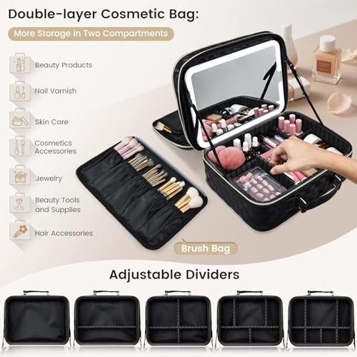 Makeup Bag with LED Lighted Mirror 12.2 IN Cosmetic Train Case Double Layer Makeup Case Adjustable Brightness in 3 Colors Cosmetic Organizer Artist Storage with Brush Holder Vanity Black Checkerboard (12.2 Inch Black Checkerboard / 0-Double Layer)