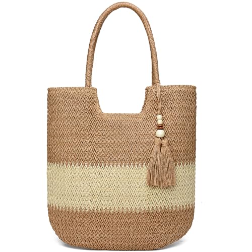 Straw Beach Bags for Women Summer Tote Bag Boho Shoulder Purse (A Khaki)