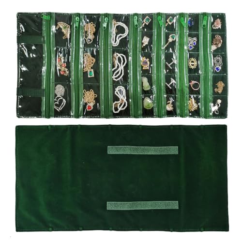 Travel Jewelry Roll Bag Portable Organizer Pouch With Grids&PVC Cover Storage Bags for Necklace (Blackish Green Velvet 29 Grids)