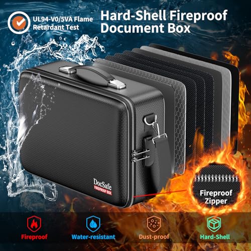 Fireproof Document Box Hard Case with Lock＆Accordion File Folder (15.2" x 11.2" x 5.3" / Black)