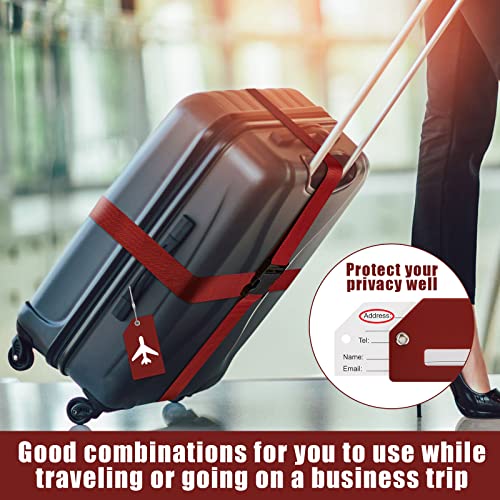 8 Pcs Luggage Straps Suitcase Tags Set for Tsa Approved (Wine Red / Airplane)