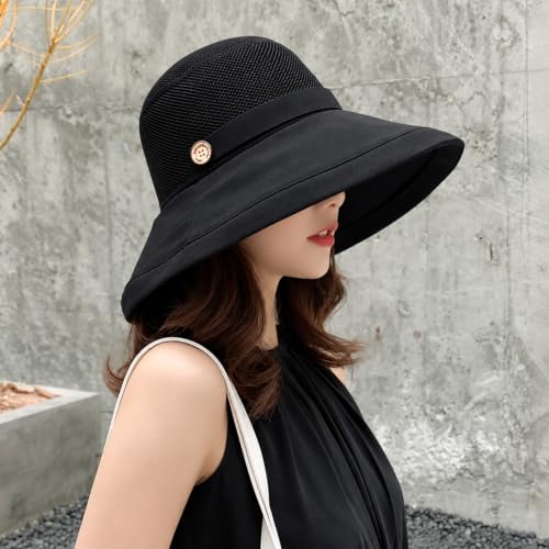 Women Summer Wide Brim Sun Hat Bucket Fishing Hats UV Protection (One Size / B2-fyu001-black)