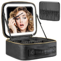 Makeup Travel Train Case with Mirror LED Light 3 Adjustable Brightness Large Cosmetic Bag Portable Storage Adjustable Partition Waterproof Makeup Brushes Make up Jewelry Gift for Women (Black)