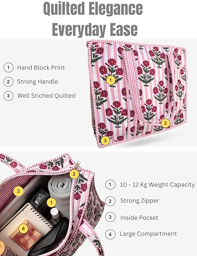 100% Cotton Quilted Tote Bag For Women (Flirt Rose Print)