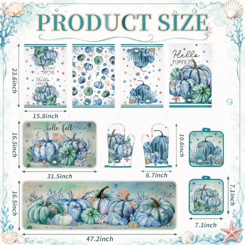 10 Pcs Fall Pumpkin Kitchen Decor Set Kitchen Towels Pot Holders Oven Mitts and Rugs Set Thanksgiving Towels for Baking Cooking BBQ Autumn Home (Navy Blue / Ocean Pumpkin)
