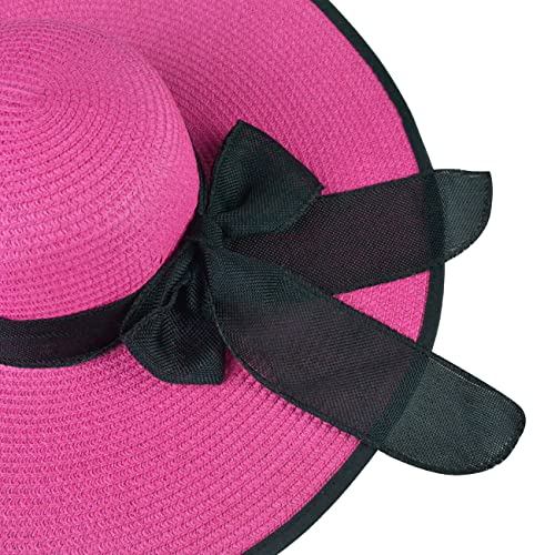 Womens Bowknot Straw Hat Foldable Beach Sun Hat Roll up UPF 50+ (Big Bow / Deep Pink 5.9" Brim, 1 Pack)