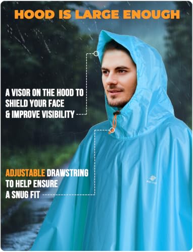 Hooded Rain Poncho for Adult Waterproof Lightweight Raincoat (X Blue)