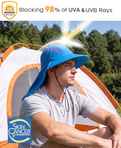 UPF 50+ Sun Hats for Men Women Wide Brim Fishing Hat with Neck Flap UV Protection Sunblock Safari Bucket Hat (Bright Blue)
