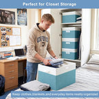 Large 17" 42 Quarts Collapsible Stackable Storage Bins with Lids [3 (Teal & White / Large - 3 Pack)