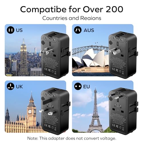 2026 NEW) MOMAX Universal Travel Adapter, Ultra-Thin 70W GaN International Plug Adapter with 3 USB-C, 1 USB-A and AC Outlet, Works in 200+ Countries, Not a Voltage Converter, for International Travel (Black / 70W)