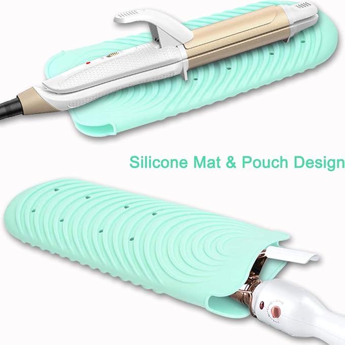 Heat Resistant Mat for Curling Iron, Silicone Flat Iron Mat & Holder for Counter, Portable Travel Curling Iron Mat & Pocket for Hot Hair Styling Tools