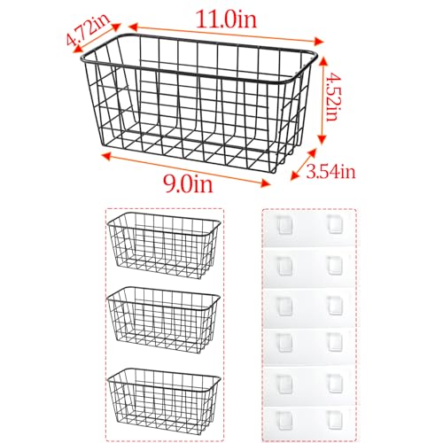 3 Set LeleCAT Adhesive Over the Cabinet Door Wire Baskets for Organizing for Kitchen Food Pantry Bathroom Shelf Storage No Drilling Wall Mounted (Black / 3 PACK)