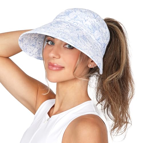 Womens Sunblocker UPF 50 Wide Brim Ponytail Sun Hat (One Size / Blue)