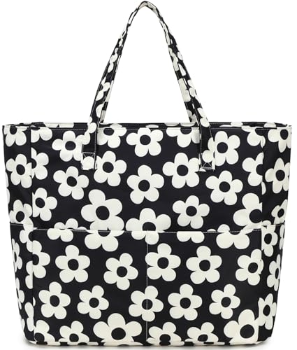Waterproof Beach Tote Pool Bags for Women Ladies Extra Large Gym Tote Carry On Bag With Wet Compartment for Weekender Travel (Beige Flower With Black Background)