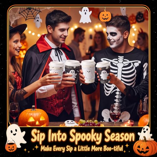 48 Sets 8 oz Halloween Disposable Coffee Cups with Lids and Sleeves (Ghost)