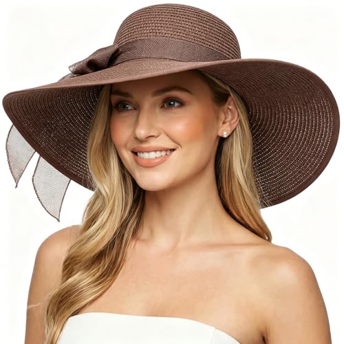 Women Wide Brim Bow Straw Hat Floppy Foldable Beach Sun Hat Roll up Cap UPF 50+ (Dark Brown /Normal Edge)