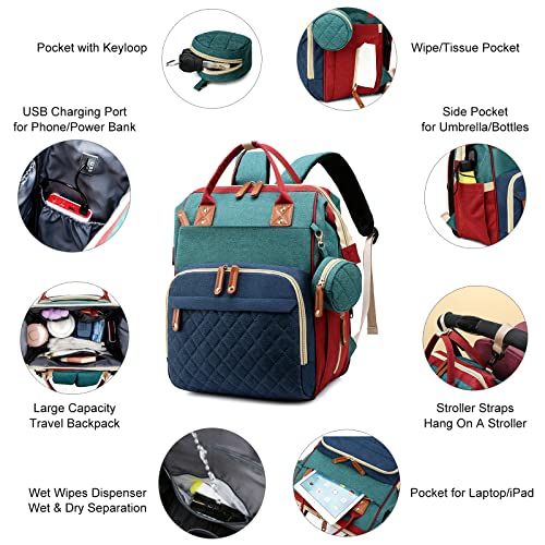 Diaper Bag Backpack with Changing Station (Green-blue-red)