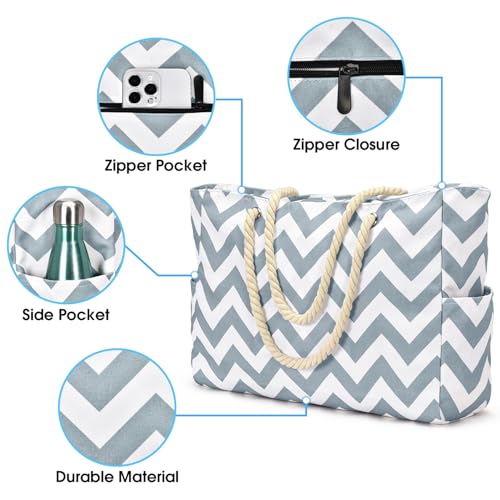 Beach Bags for Women Large Waterproof Beach Tote Bag Zipper Beach Bags Waterproof Sandproof Swim Pool Bag Large Tote (Light Gray Wave)