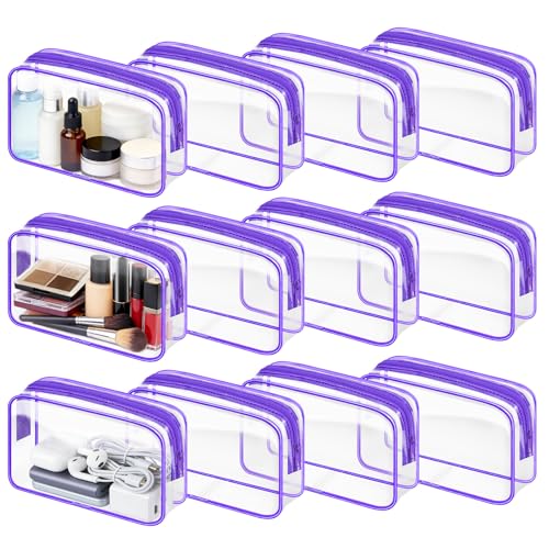 12PCS Clear Makeup Bag Transparent PVC Makeup Bag Waterproof Plastic Zipper Pouches Travel Toiletry Organizer Cosmetic Storage Case for Women Traveling Bathroom (Medium / Purple)
