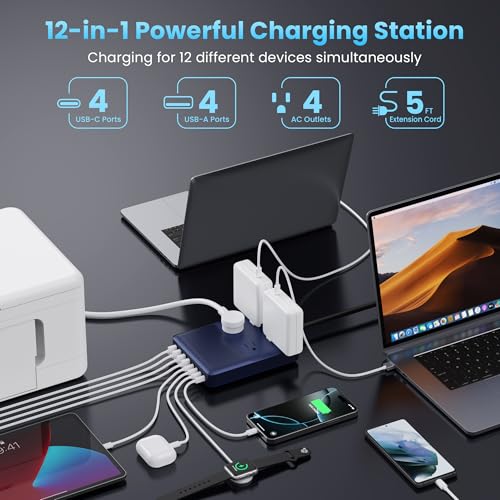 12-in-1 Charging Station USB C Power Strip with 5ft Cord and Plug,200W GaN IV USB C Charger Block,4 AC Outlets,8 USB for MacBook,iPhone 17/16,Fast Charging Desktop Charger for Office,Home Blue (A-Blue / 200W)