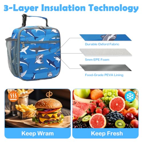Kids Lunch box Insulated Soft Bag Mini Cooler Back to School Thermal Meal Tote Kit for Girls (Shark)