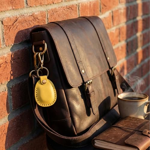 Genuine Leather Airtag Holder Compatible with Apple AirTag Keychain 2nd & 1st Gen (Yellow)