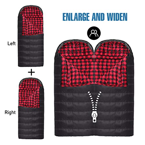 0 Degree Sleeping Bag Cotton Flannel Winter Cold Weather for Adults XXL Sleeping Bag 4 Season Big and Tall with Pillow Compression Sack (Black_L)