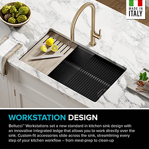 Bellucci Workstation 32 in. Undermount Granite Composite Single Bowl Kitchen Sink in Metallic Black with Accessories with WasteGuard™ Continuous Feed Garbage Disposal (Black / 32 Inch / Sink and Garbage Disposal 3/4 HP)
