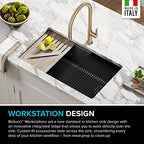 Bellucci Workstation 32 in. Undermount Granite Composite Single Bowl Kitchen Sink in Metallic Black with Accessories with WasteGuard™ Continuous Feed Garbage Disposal (Black / 32 Inch / Sink and Garbage Disposal 3/4 HP)