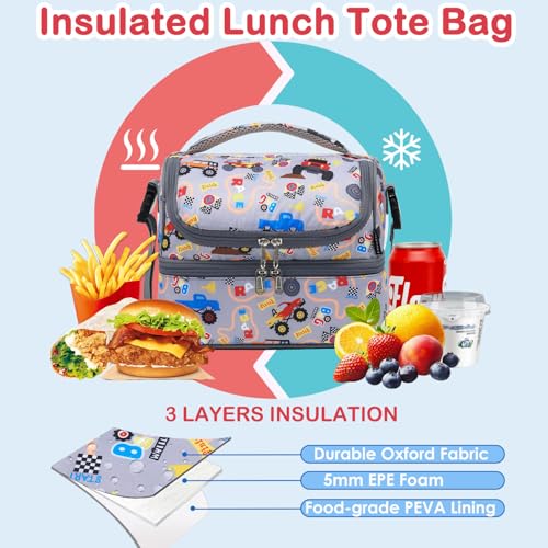 Double Decker Cooler Insulated Lunch Bag Large Tote for Boys (Truck)