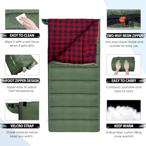 0 Degree Sleeping Bag Cotton Flannel Winter Cold Weather for Adults XXL Sleeping Bag 4 Season Big and Tall with Pillow Compression Sack (OLIVE)