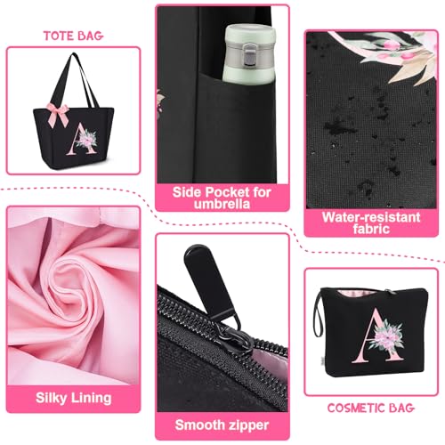 Tote Bag, A-Z Initial Monogrammed Waterproof Tote Bag, Bridesmaid Gifts for Women, Black and Pink (K, Black Set) (Black Set)
