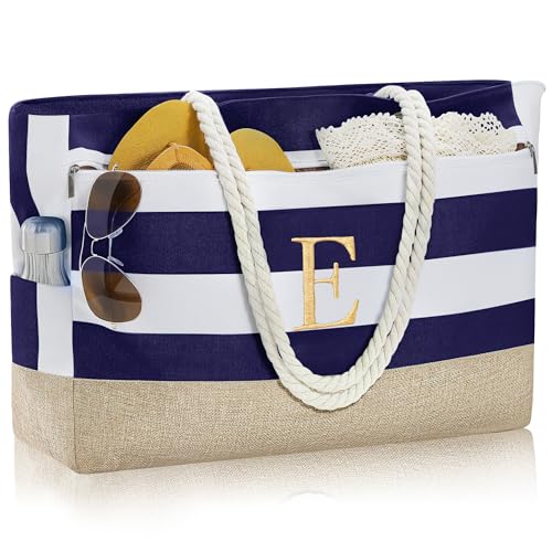 Gifts for Women Mom Initial Canvas Beach Bag for Women (Dark Blue)