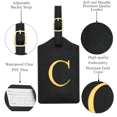 Luggage Tag PU Leather for Suitcase Baggage Handbag Travel Bag Label Suitcase Tag Label Tag w. Name Card & Privacy Cover (C)