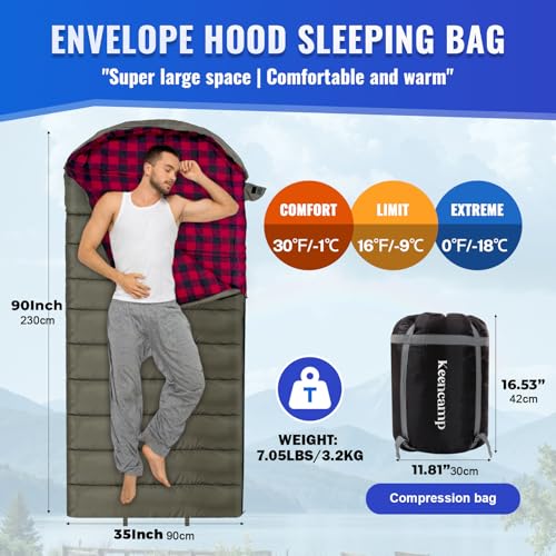 0 Degree Sleeping Bag Cotton Flannel Winter Cold Weather for Adults XXL Sleeping Bag 4 Season Big and Tall with Pillow Compression Sack (GREEN_L)