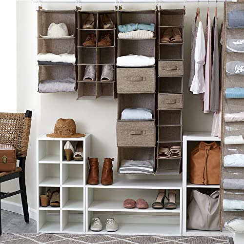 10‑Pocket Hanging Shoe Organizer with Side‑by‑Side Canvas Storage and 2 Hooks for Support (Beige)