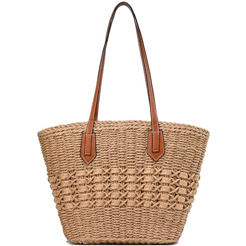 Straw Bag for Women Straw Woven Beach Tote Bag Casual Hobo Shoulder Bag Handbags Summer Handmade Beach Purse (F Khaki)